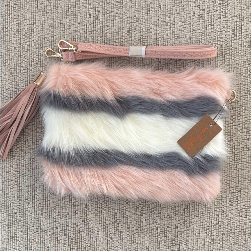 Chic Faux Fur Clutch in Pink, Gray, and White